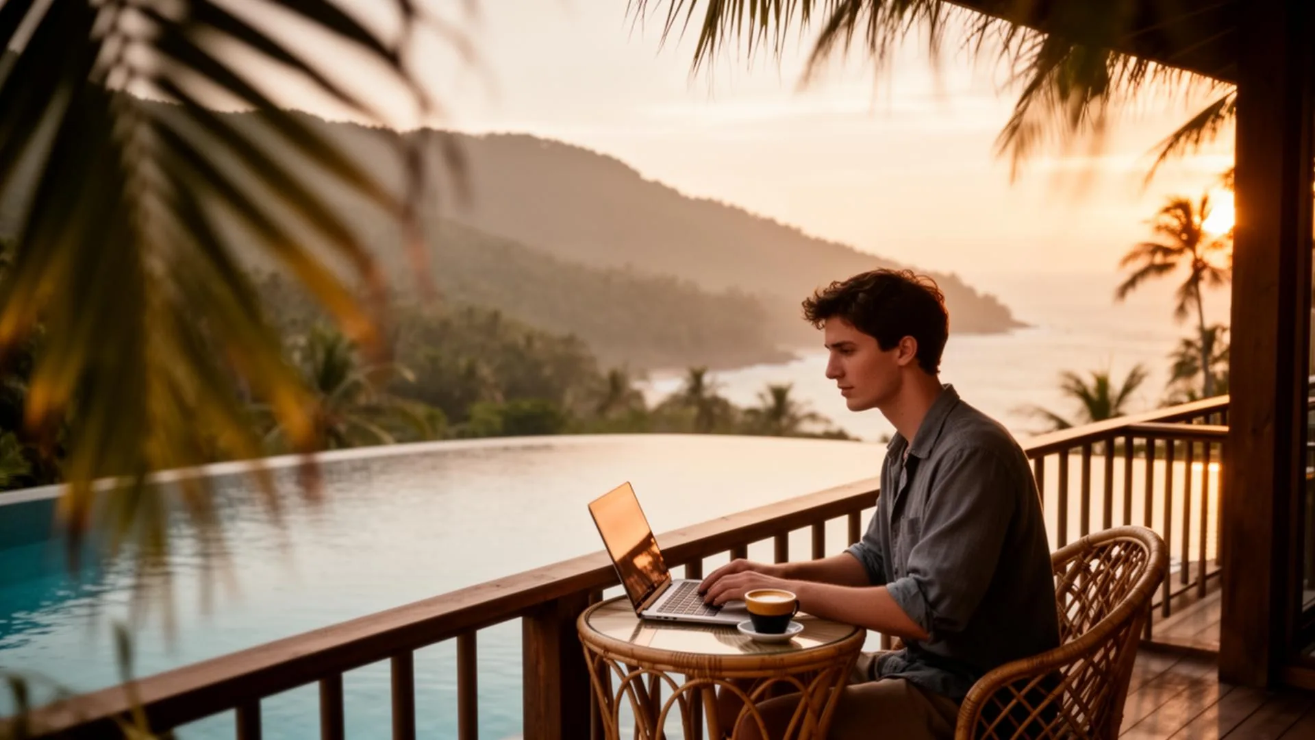 A passport, notebook and coffee on a linen surface